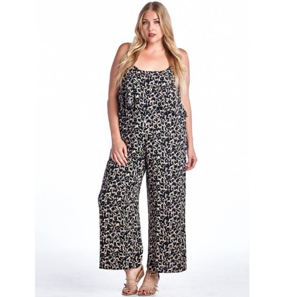 Marcelle Margaux Jumpsuit Womens Plus 4X Black Beige Geo Print Sleeveless Ruffle